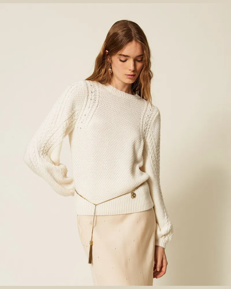 Twin-Set Pullover aus Wollmischung mit Zopfmuster und Strass Weiß