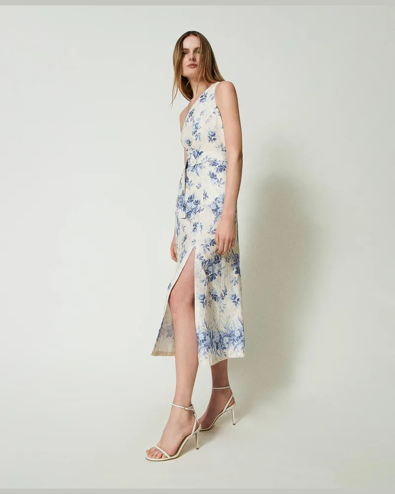Twin-Set Kleider - Einschultriges Midikleid mit Blumenprint, Print Toile de Jouy Elfenbein / Blue Chalcedonie, Größe Print