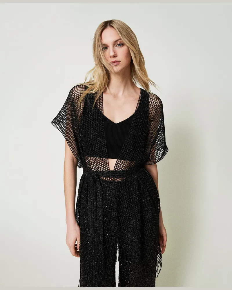 Twin-Set Jacken und Outerwear - Netzkimono mit Fransen, Schwarz, Einheitsgröße Schwarz