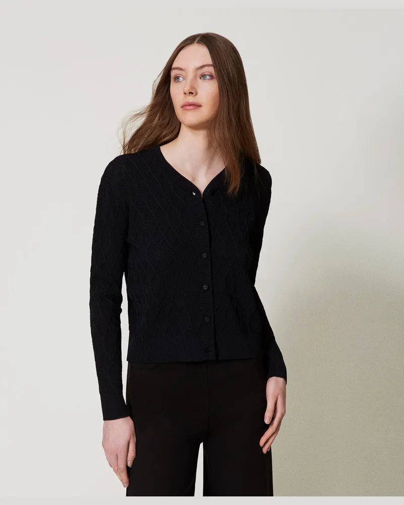 Twin-Set Cardigans - Strickcardigan mit Rautenmuster, Schwarz, Größe Schwarz