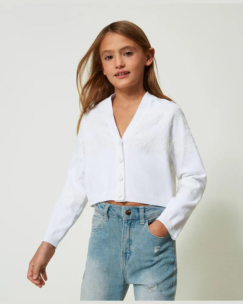 Twin-Set Cardigans - Strickcardigan mit Spitze, Lucent White, Größe: 8A 