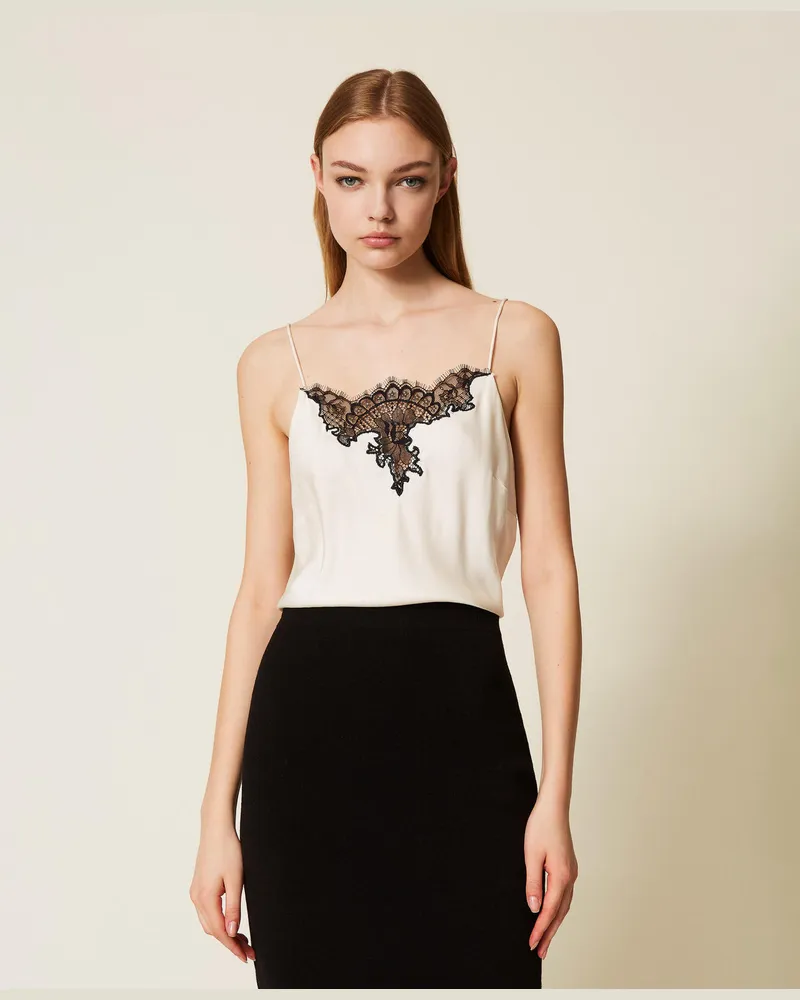 Twin-Set Tops - Top aus Satin und Spitze, Zweifarbig Perlmuttweiß / Schwarz, Größe: 46 
