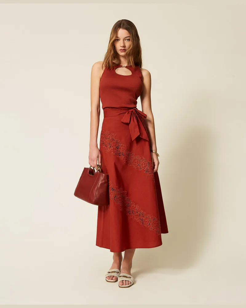 Twin-Set Röcke - Langer Rock aus Popeline mit Lochstickereien, "Henna" Brown, Baumwolle, Größe Henna