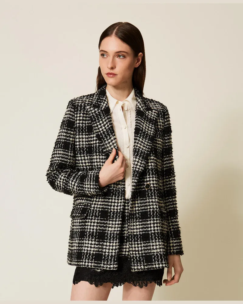 Twin-Set Jacken und Outerwear - Blazer aus Bouclé mit Karomuster, Big Check Nero / Schneeweiß, Kariert, Größe Big