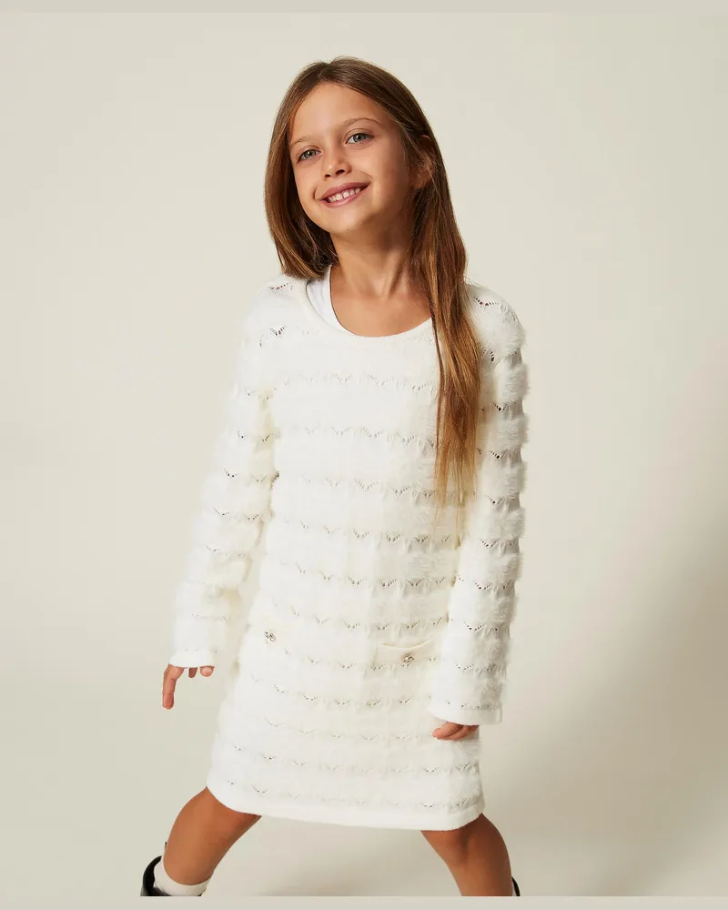 Twin-Set Kurzes Baby-Strickkleid mit Knöpfen Weiß