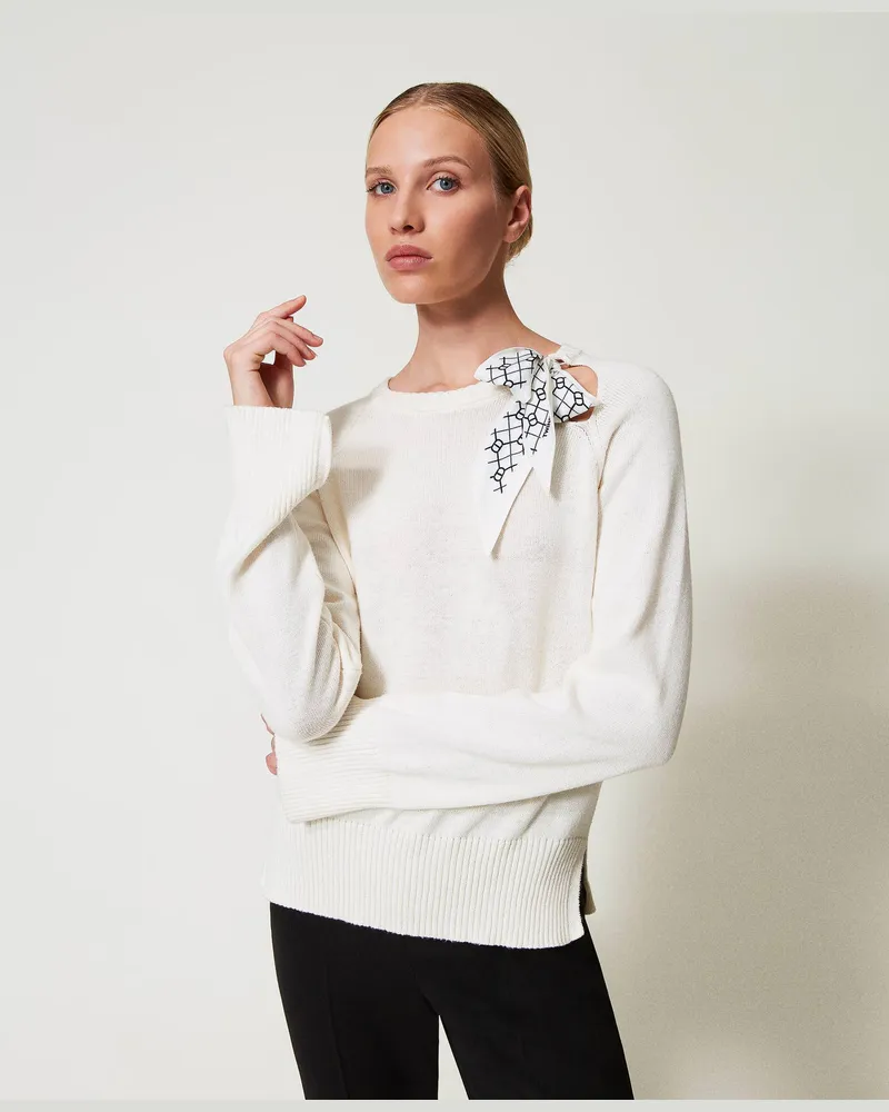Twin-Set Pullover mit Logofoulard, Zweifarbig Schneeweiß / Oval T-Print Schneeweiß / Schwarz, Wolle, Größe Zweifarbig