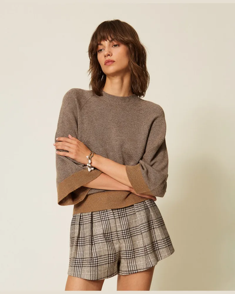 Twin-Set Cropped-Pullover aus Wolle und Kaschmir mit Lurex Silber