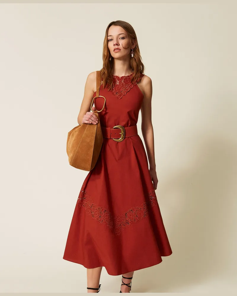 Twin-Set Kleider - Langes Kleid aus Popeline und Lochstickerei, „Henna" Brown, Baumwolle, Größe „henna“