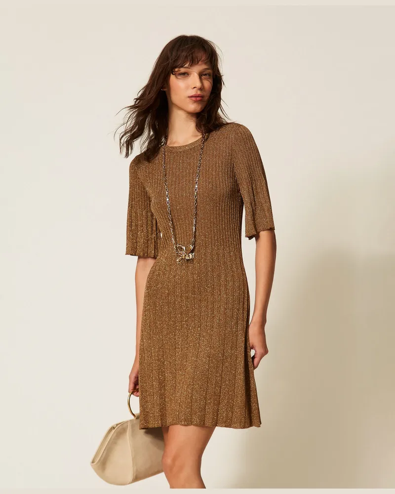 Twin-Set Kleider - Kurzes Lurex-Strickkleid, „Bubinga Wood"-Braun Lurexgold, Größe „bubinga