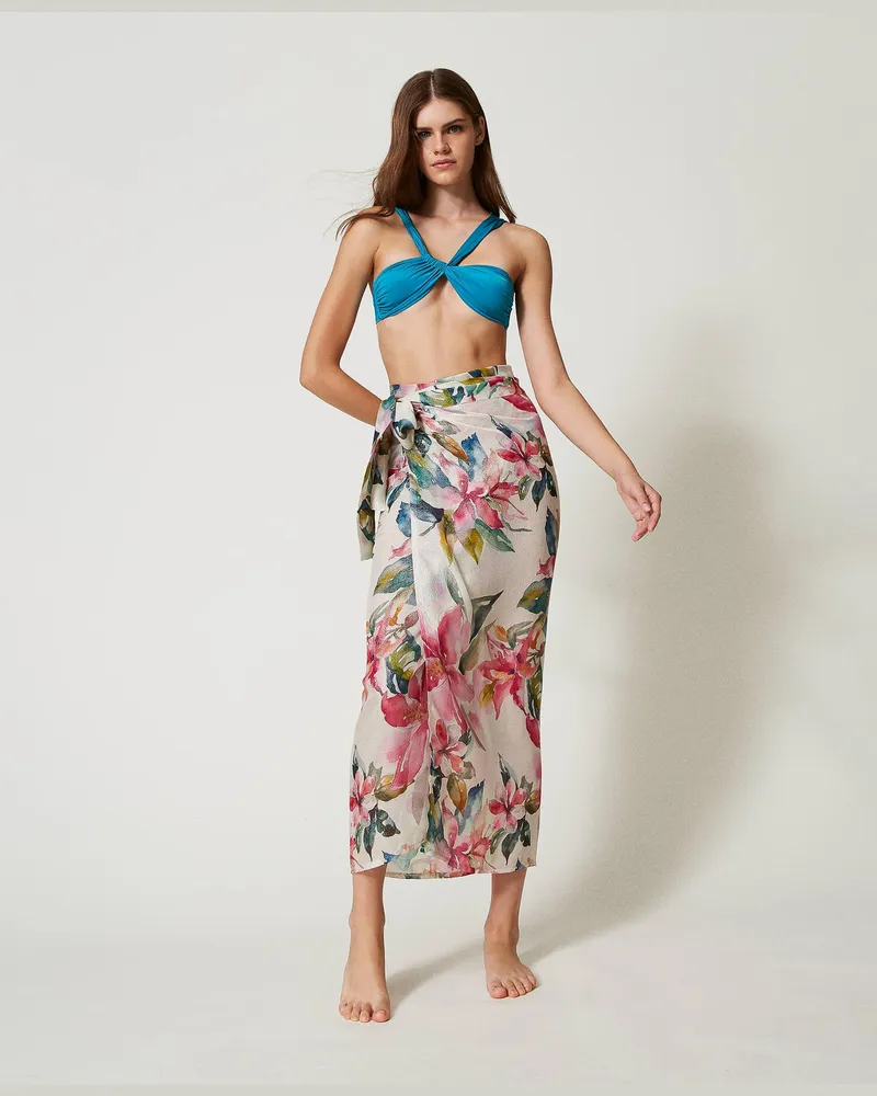 Twin-Set Bademode - Pareo mit Lurex und Print, Blumenprint Perlmutt / Multicolor, Mit Blumen, Einheitsgröße 