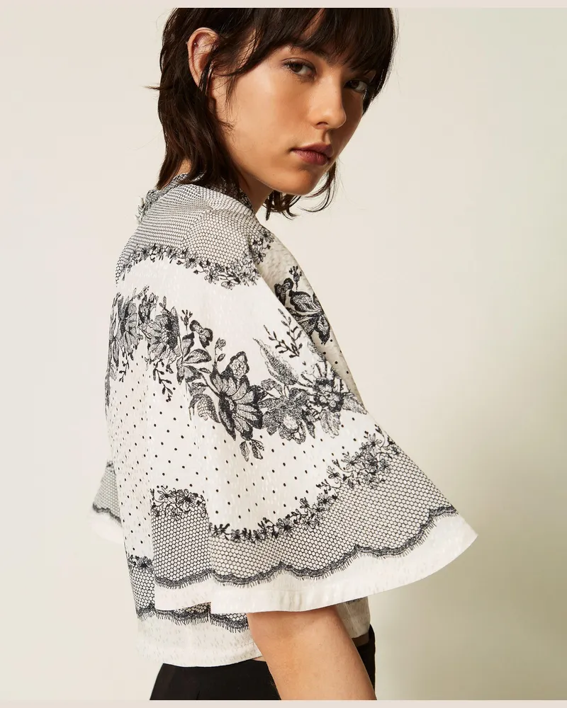 Twin-Set Satinbluse mit Jacquardmuster und Blumen und Tupfen, Damen, Lace And Flowers Print Schwarz / Perlmutt Lace