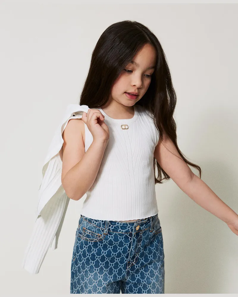 Twin-Set Tops - Geripptes Stricktop mit Oval T, "Ice"-Weiß, Größe: 8A 