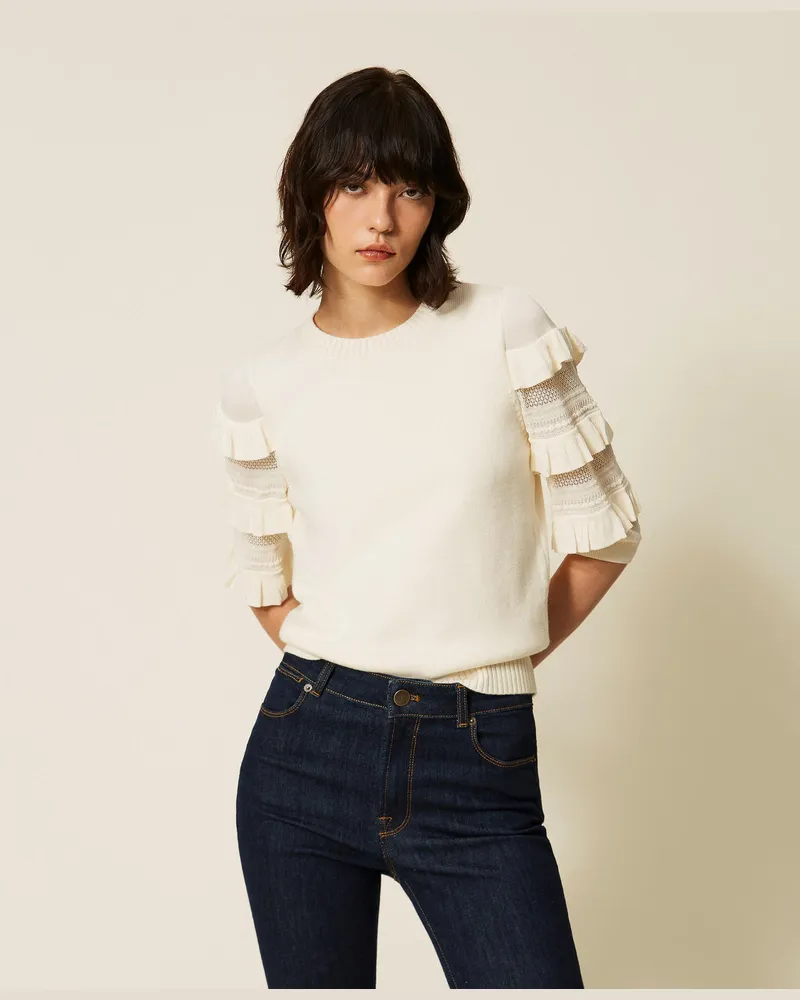 Twin-Set Pullover mit Netzmaschen und Volant Perlmutt