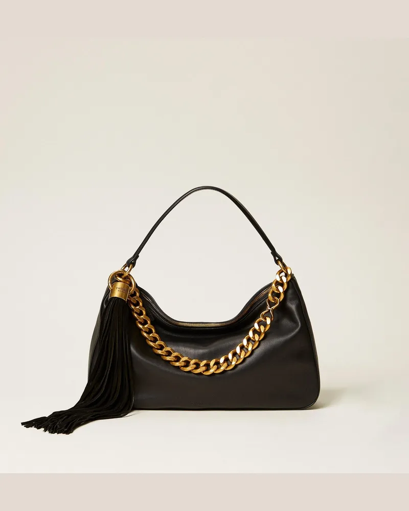 Twin-Set Große Liliane Tasche aus Leder mit Charm, Damen, Schwarz Schwarz