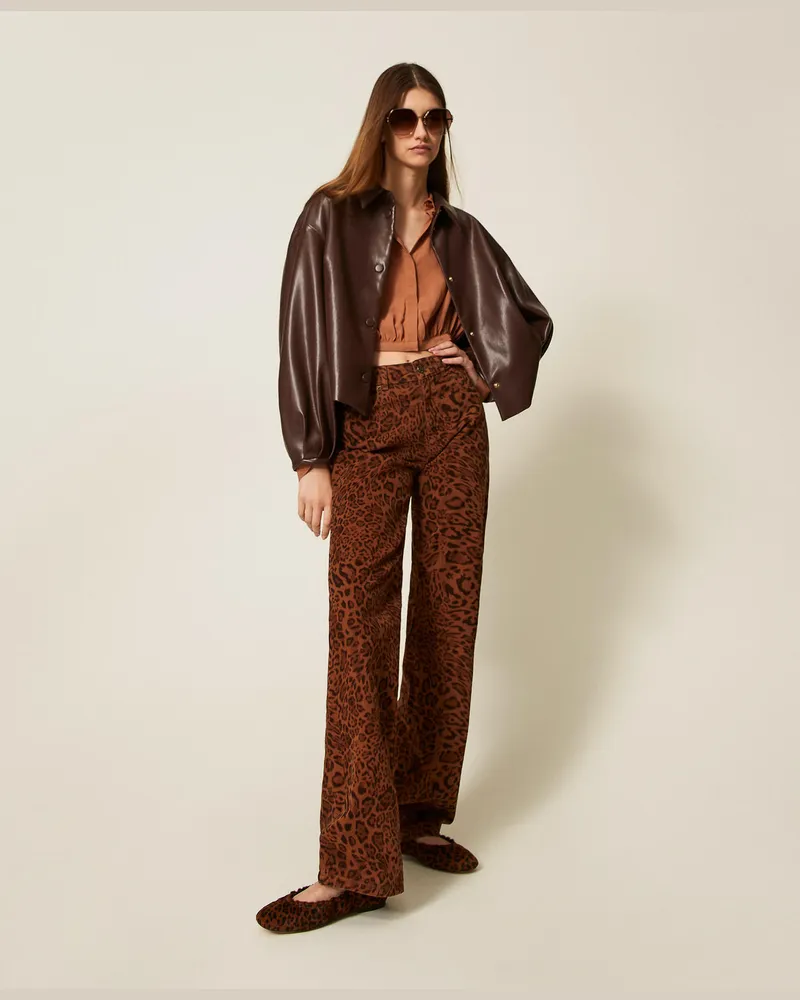 Twin-Set Hosen - Hose aus Bull-Denim mit Animalprint, Animalprint Coffee / Black, Größe Animalprint