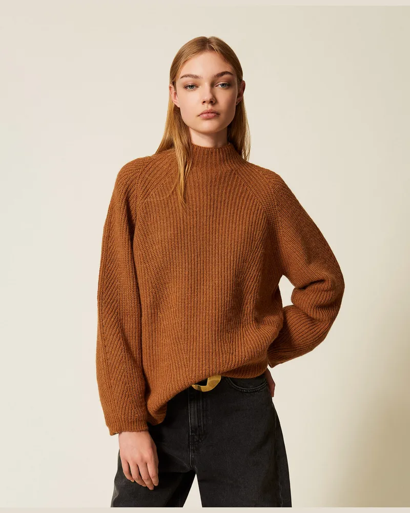 Twin-Set Pullover mit Stehkragen aus Wollmischung mit „Oval T", Dunkles Alpakabraun, Wolle, Größe Dunkles