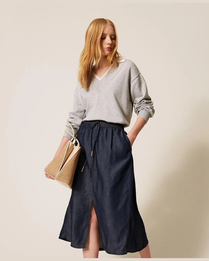 Twin-Set Röcke - Midirock aus Chambray, Dunkler Denim, Jeans, Größe Dunkler
