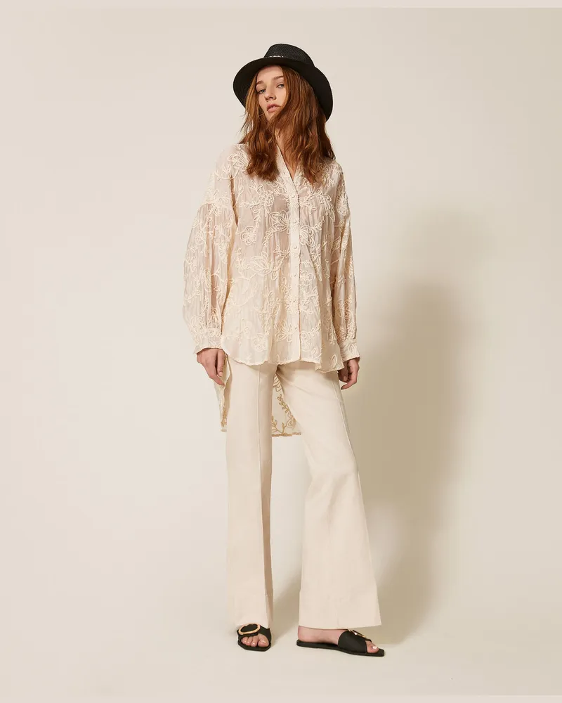 Twin-Set Bademode - Hemdbluse aus Musselin mit Cornely-Stickerei, Weiß Pergament, Baumwolle, Größe Weiß
