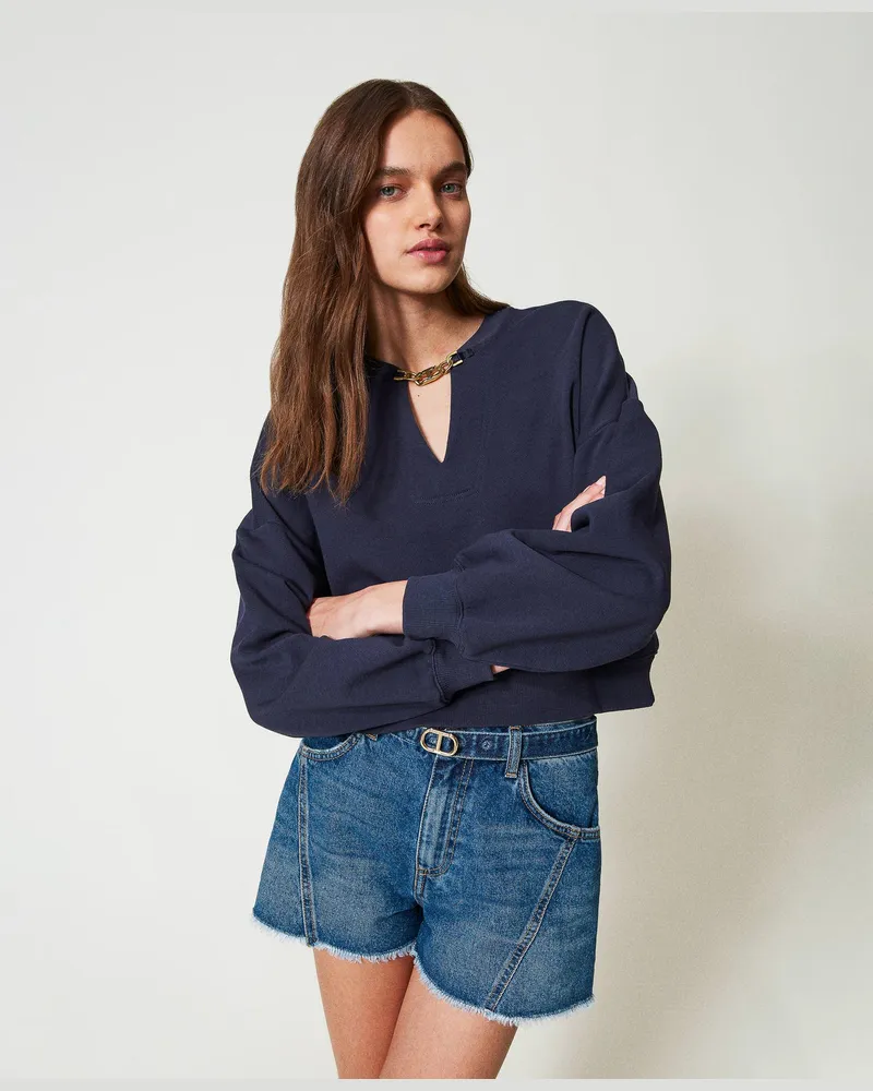 Twin-Set Jeansshorts mit „Oval T"-Gürtel, Mittleres "Denimblau", Größe: 33 