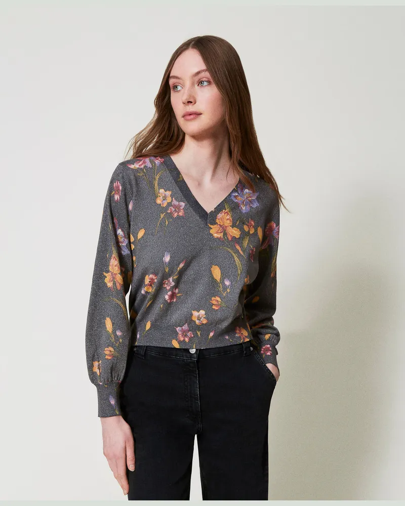 Twin-Set 2-in-1-Pullover mit Blumenprint, Print Iris Multicolor / Black, Größe: XXL 