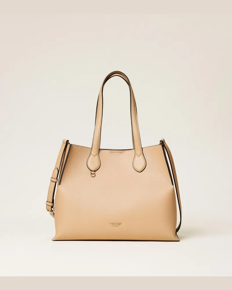 Twin-Set Shopper mit Logo, Damen, Zweifarbig Hanfbeige / Leder Zweifarbig