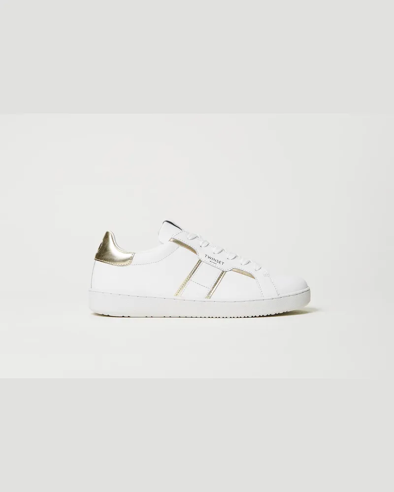 Twin-Set Schuhe - Ledersneaker mit Details in Metallic-Optik, Zweifarbig Optisches Weiß / Gold, Größe Zweifarbig