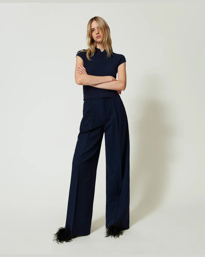 Twin-Set Hosen - Wide-Leg-Hose mit Lurex-Nadelstreifen, Indigo Lurexnadelstreifen, Gestreift, Größe Indigo