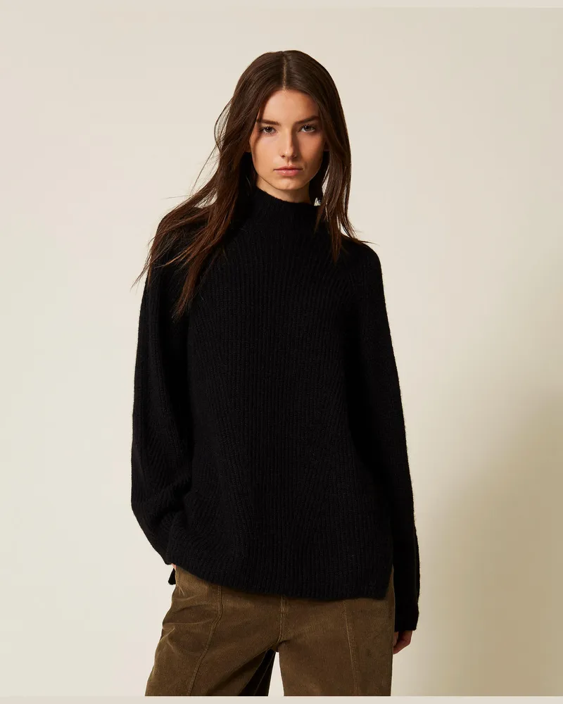 Twin-Set Pullover mit Stehkragen aus Wollmischung mit „Oval T", Schwarz, Wolle, Größe Schwarz