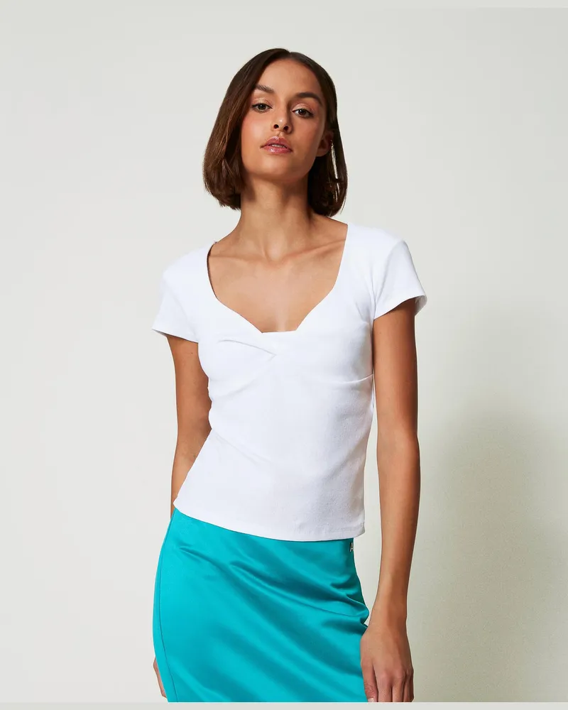 Actitude by Twinset T-Shirts - Geripptes T-Shirt mit Knoten, "Papers"-Weiß, Größe: XL 