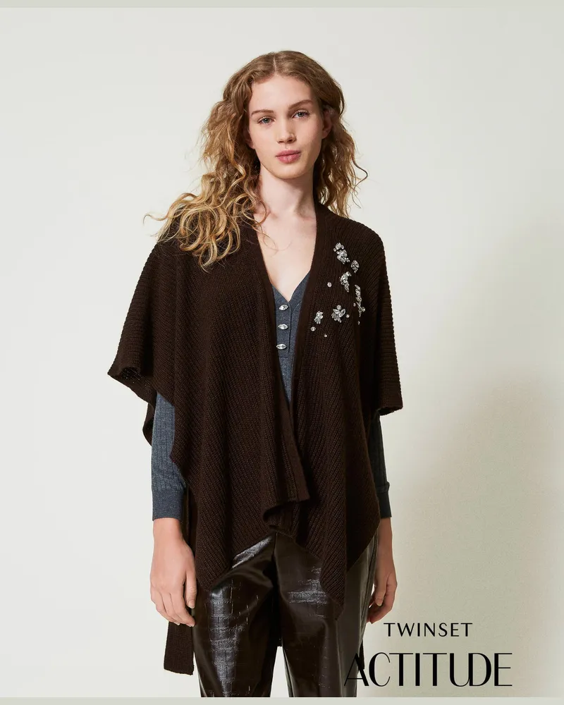 Actitude by Twinset Jacken und Outerwear - Strickponcho mit Stickereien, „Molé"-Braun, Einheitsgröße „molé“-braun