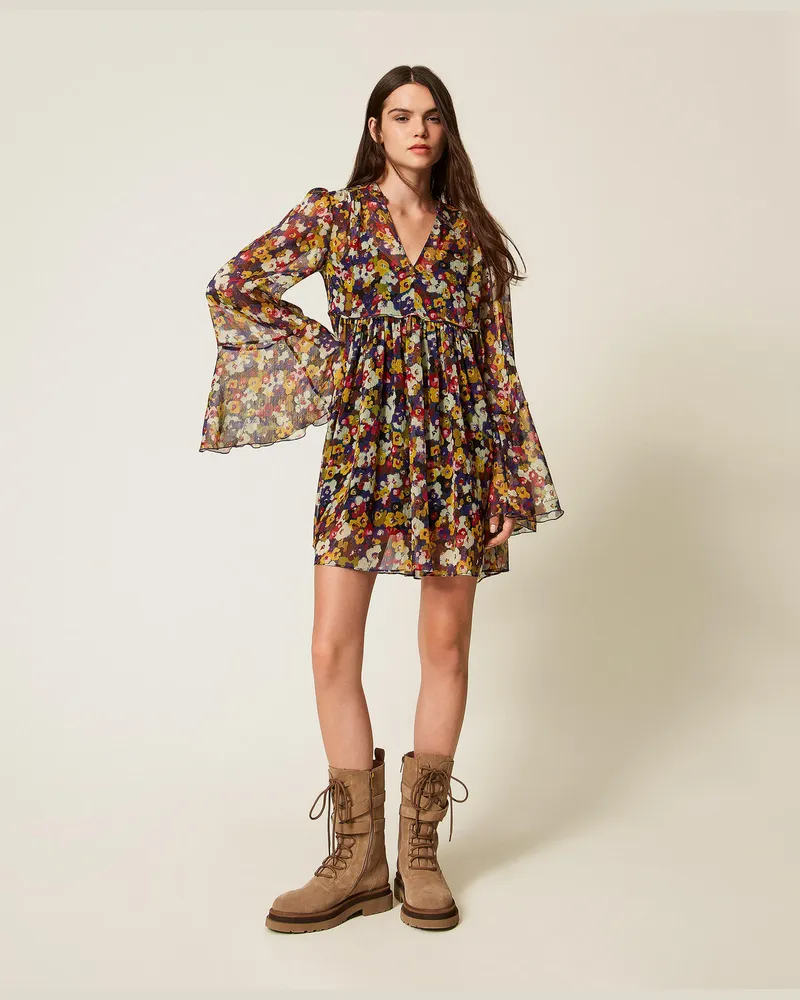Actitude by Twinset Kleider - Kurzes Kleid aus recyceltem Krepon mit Print, Print Winter Bouquet, Mit Blumen, Größe Print