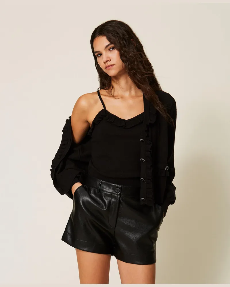 Twin-Set Cardigan und Top mit Volant, Damen, Schwarz Schwarz