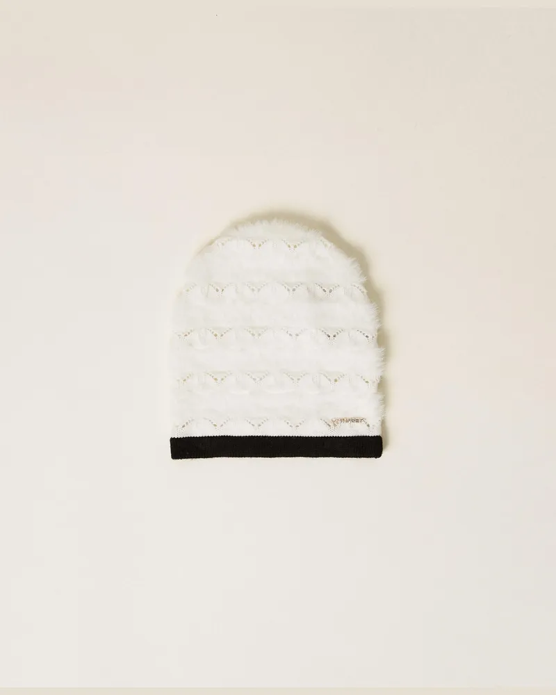 Twin-Set Strickmütze mit Lochmuster, Damen, Zweifarbig Schneeweiß / Schwarz Zweifarbig