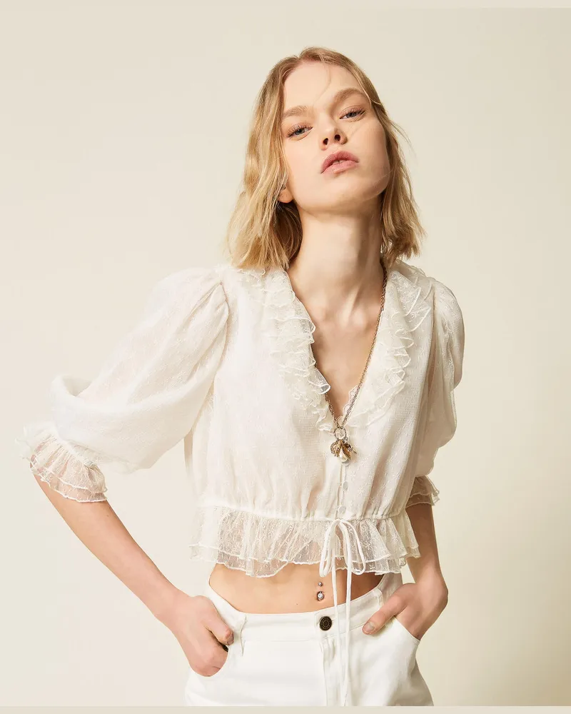 Twin-Set Hemden - Hemdbluse aus floralem Tüll, Weiß Vanille, Größe Weiß