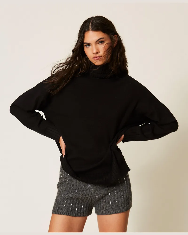 Twin-Set Weicher Rollkragenpullover, Damen, Schwarz Schwarz