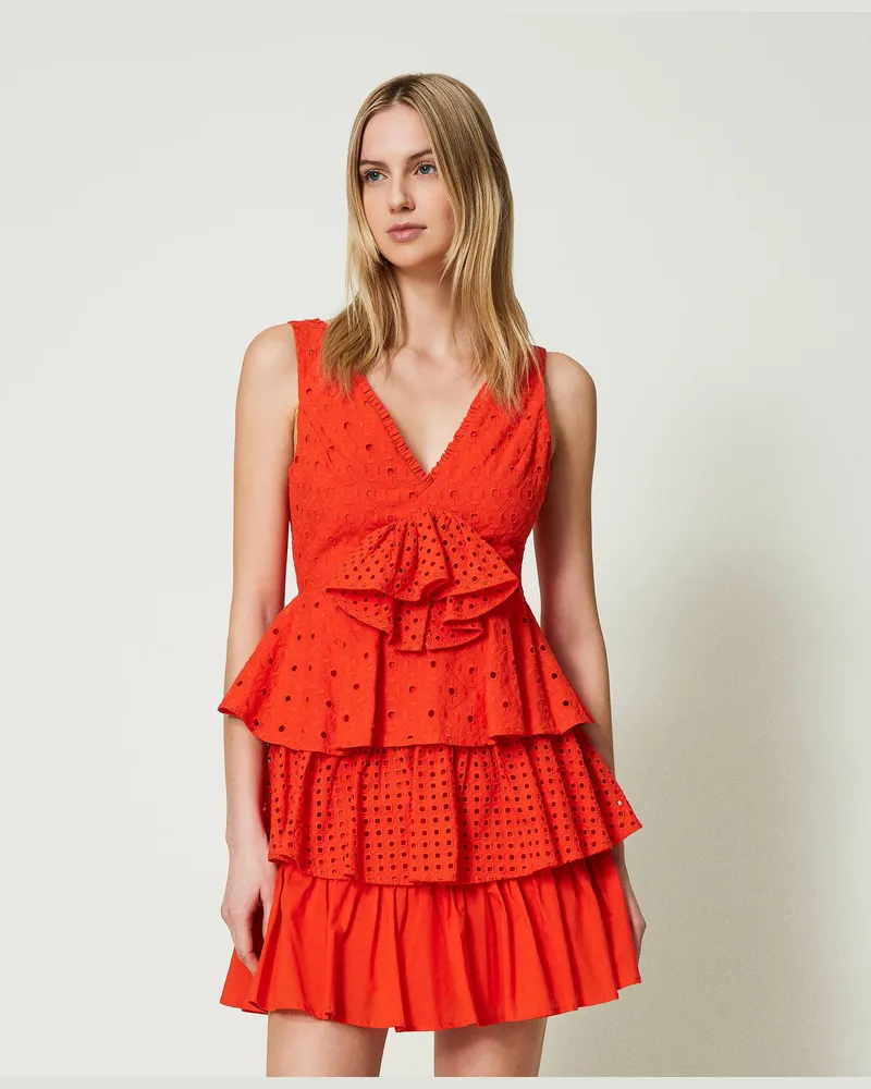 Actitude by Twinset Kleider - Kurzes Volantkleid mit Lochstickereien, „Scarlet Ibis"-Rot, Baumwolle, Größe „scarlet