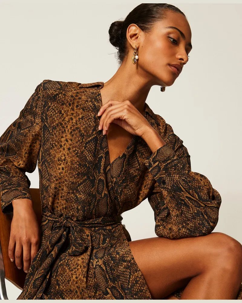 Twin-Set Maxikleid mit Pythonprint, Damen, Pythonprint "Nut"-Braun / Black Pythonprint
