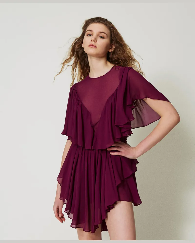 Twin-Set Kleider - Kurzes Kleid „Capri" aus Georgette mit Volants, „Red Plum"-Violett, Größe „red