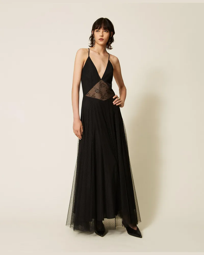 Twin-Set Langes Kleid aus Plumetis-Tüll und Spitze Schwarz