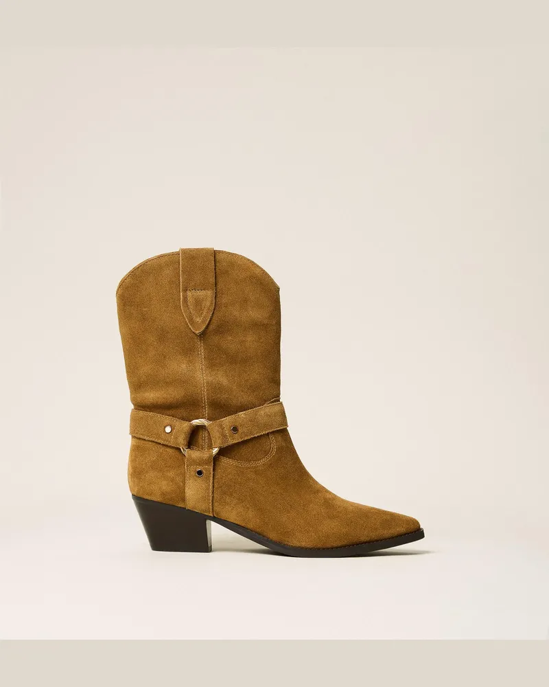 Twin-Set Cowboy-Stiefelette aus Veloursleder, Damen, „Oak"-Beige „oak“-beige