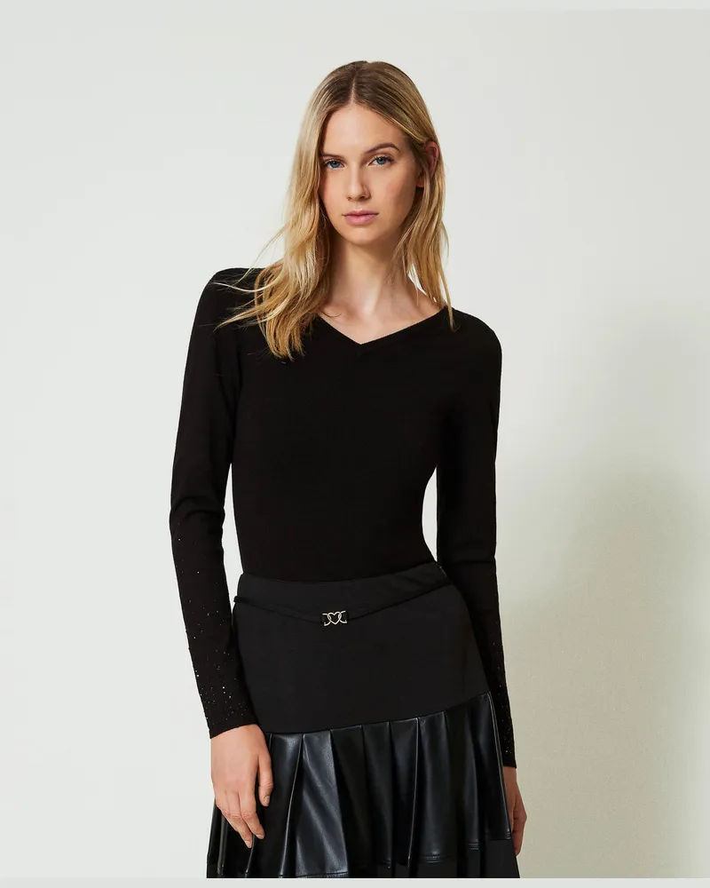 Twin-Set Pullover mit Strass im Dégradé, Schwarz, Größe: XL 