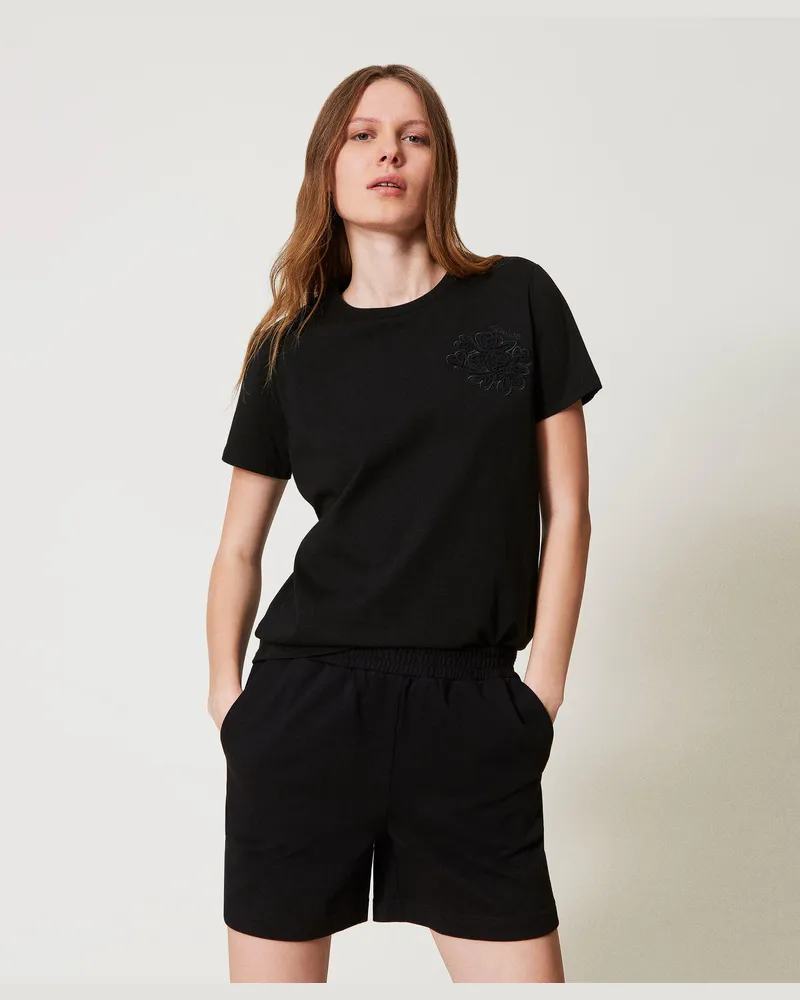 Twin-Set T-Shirts - T-Shirt im Regular-Fit mit Stickerei, Schwarz, Baumwolle, Größe Schwarz