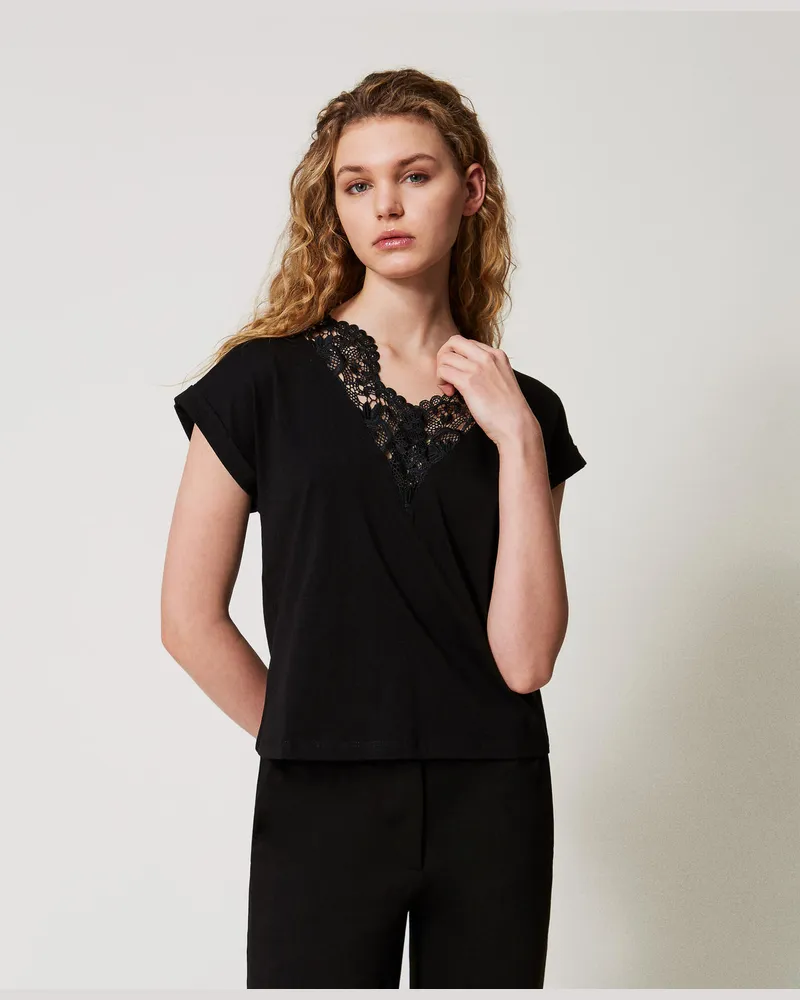 Twin-Set T-Shirts - Kimono-T-Shirt mit Spitze, Schwarz, Größe: XXS 