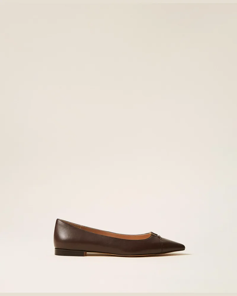 Twin-Set Ballerina aus Leder mit Logo, Damen, Darkness Brown Darkness