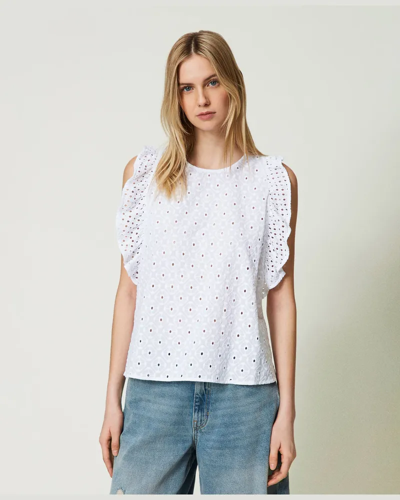 Actitude by Twinset Tops - Top mit Lochstickereien und Volants, "Papers"-Weiß, Baumwolle, Größe: L 
