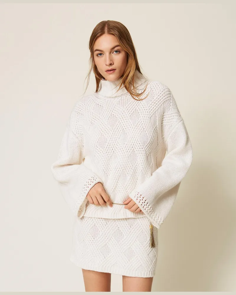 Twin-Set Rollkragenpullover mit Flechtdetail, Damen, Weiß Schnee Weiß