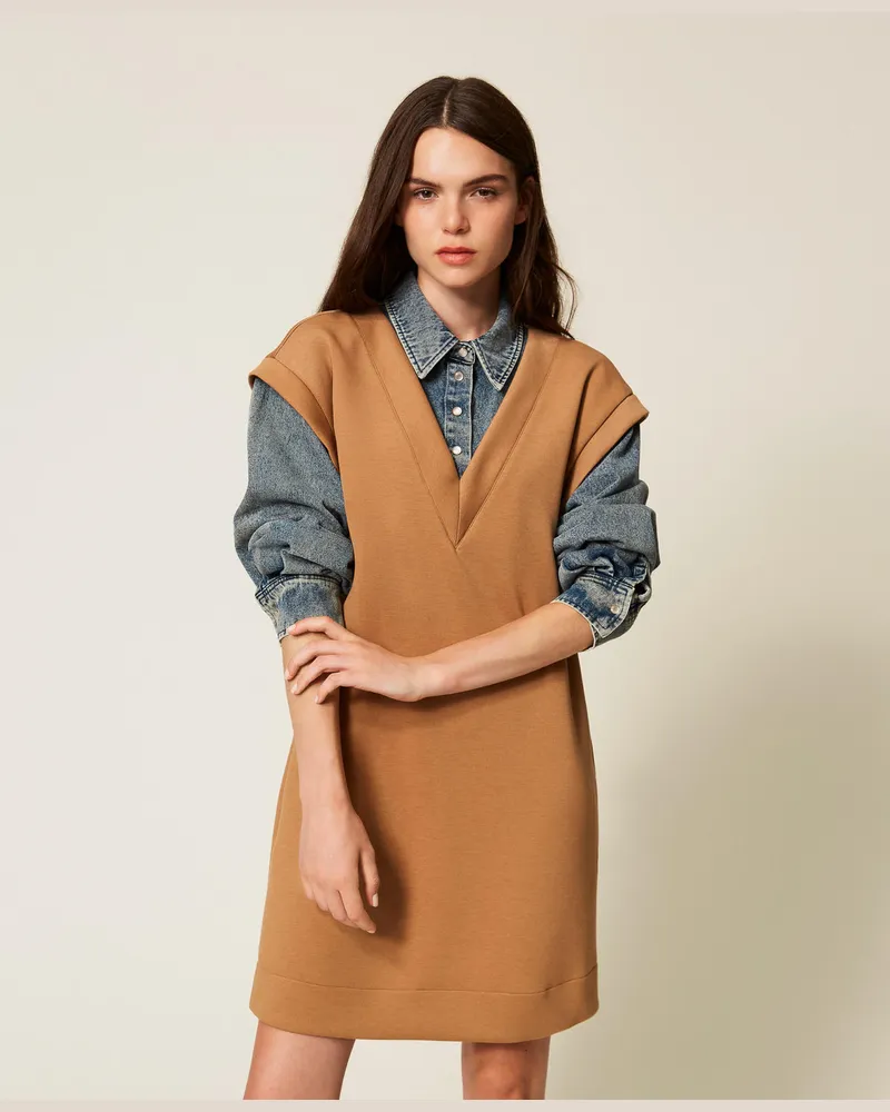 Twin-Set Kleider - Kurzes Kleid aus Scuba und Jeans, Zweifarbig Camel / Denim, Größe Zweifarbig