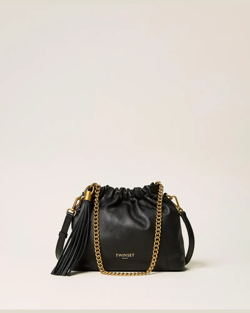 Twin-Set Umhängetasche aus Leder mit Raffung, Damen, Schwarz Schwarz
