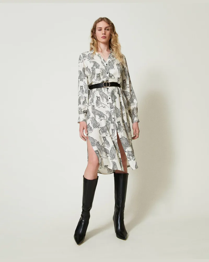 Twin-Set Kleider - Midikleid aus Jacquard mit Jaguarprint, Jaguarprint Schwarz / Schneeweiß, Größe Jaguarprint