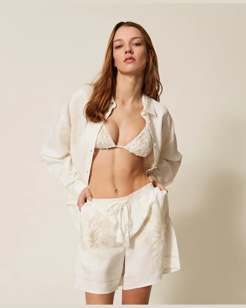 Twin-Set Hosen - Shorts aus Leinenmischung mit Stickerei, Zweifarbig Vanilleweiß/Fog, Größe Zweifarbig